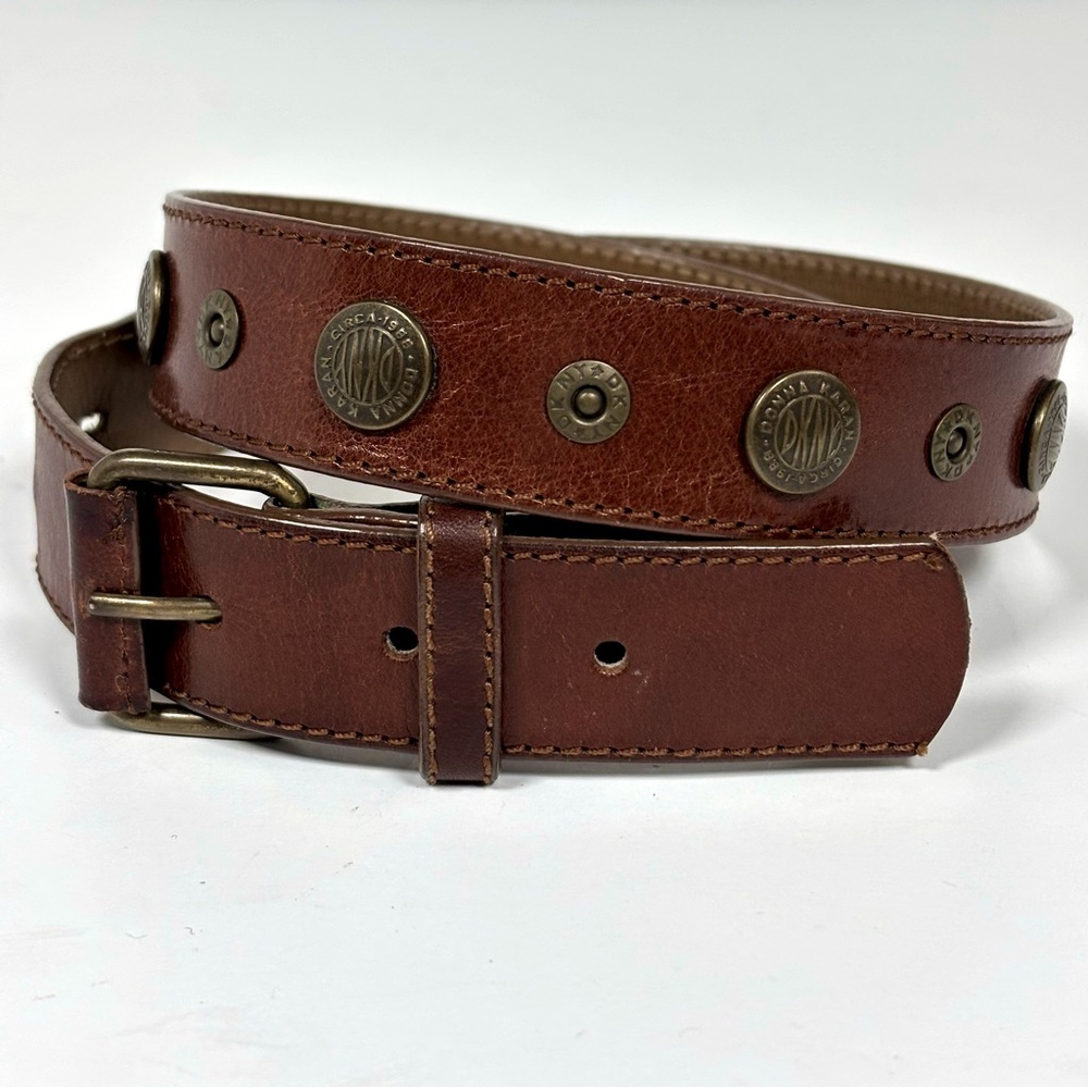 DKNY Leather Riveted Logo Belt Brown Brass Vintage Size Small